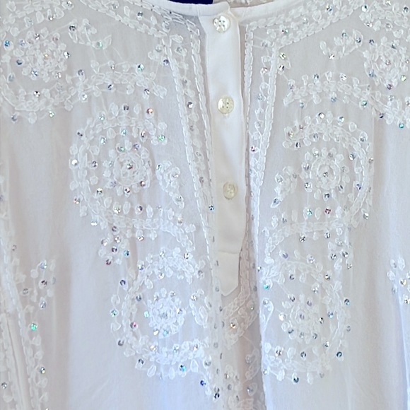 Betty B White Sheer Rayon Tunic Top Embroidered Sequin Cover Up India OS - Picture 2 of 3